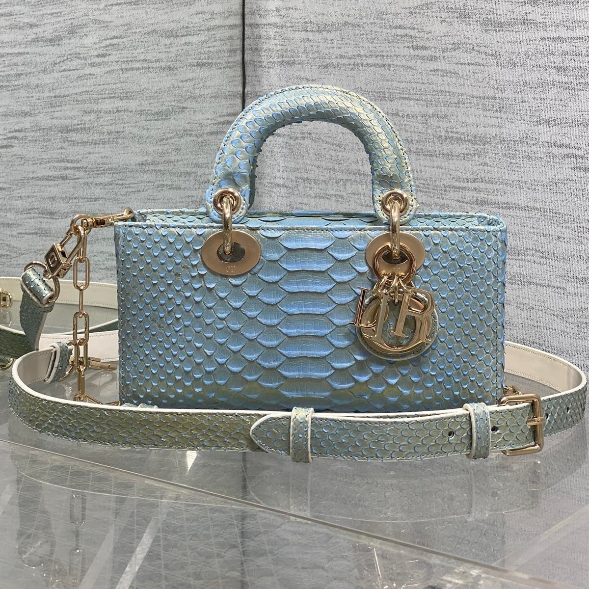 CD Lady D-Joy Bag 22cm Blue Snakeskin Leather GHW 159998