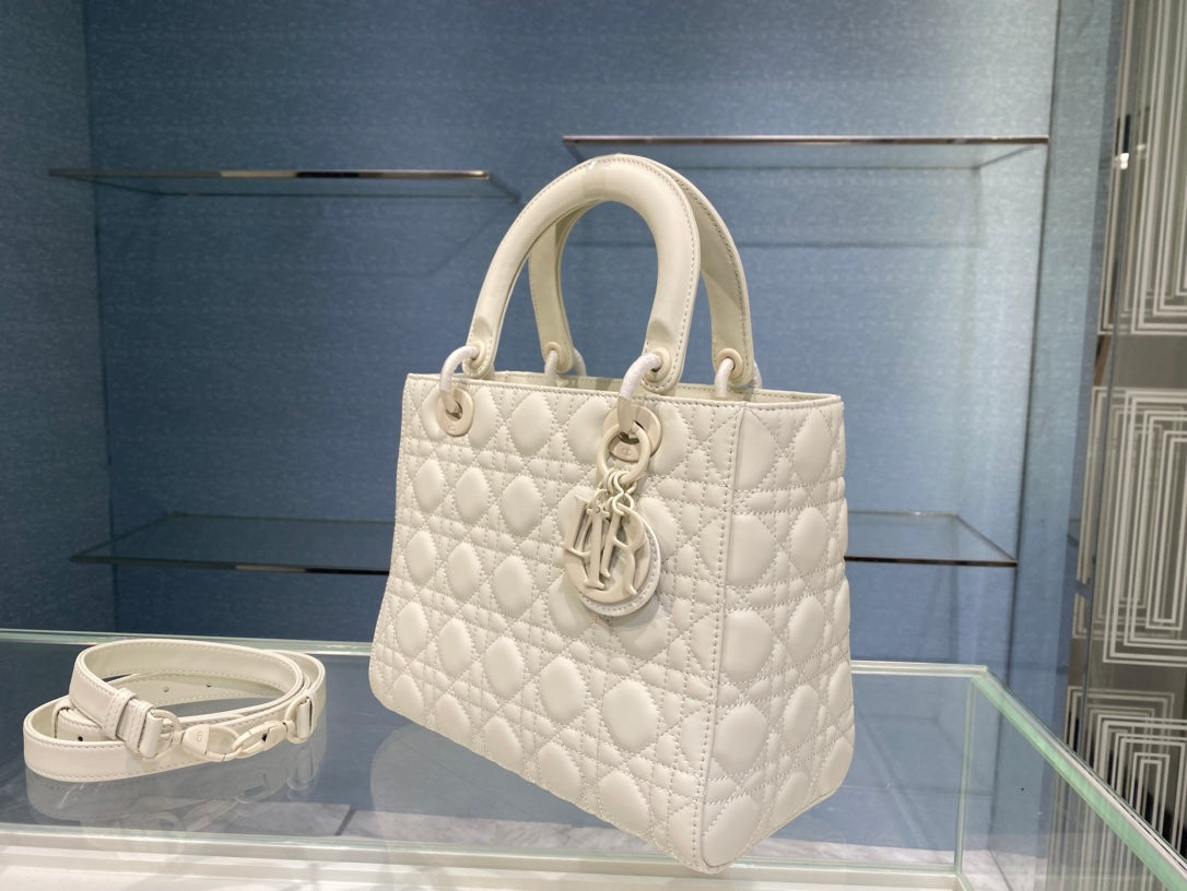 medium lady 24 matte white calfskin matte white hardware