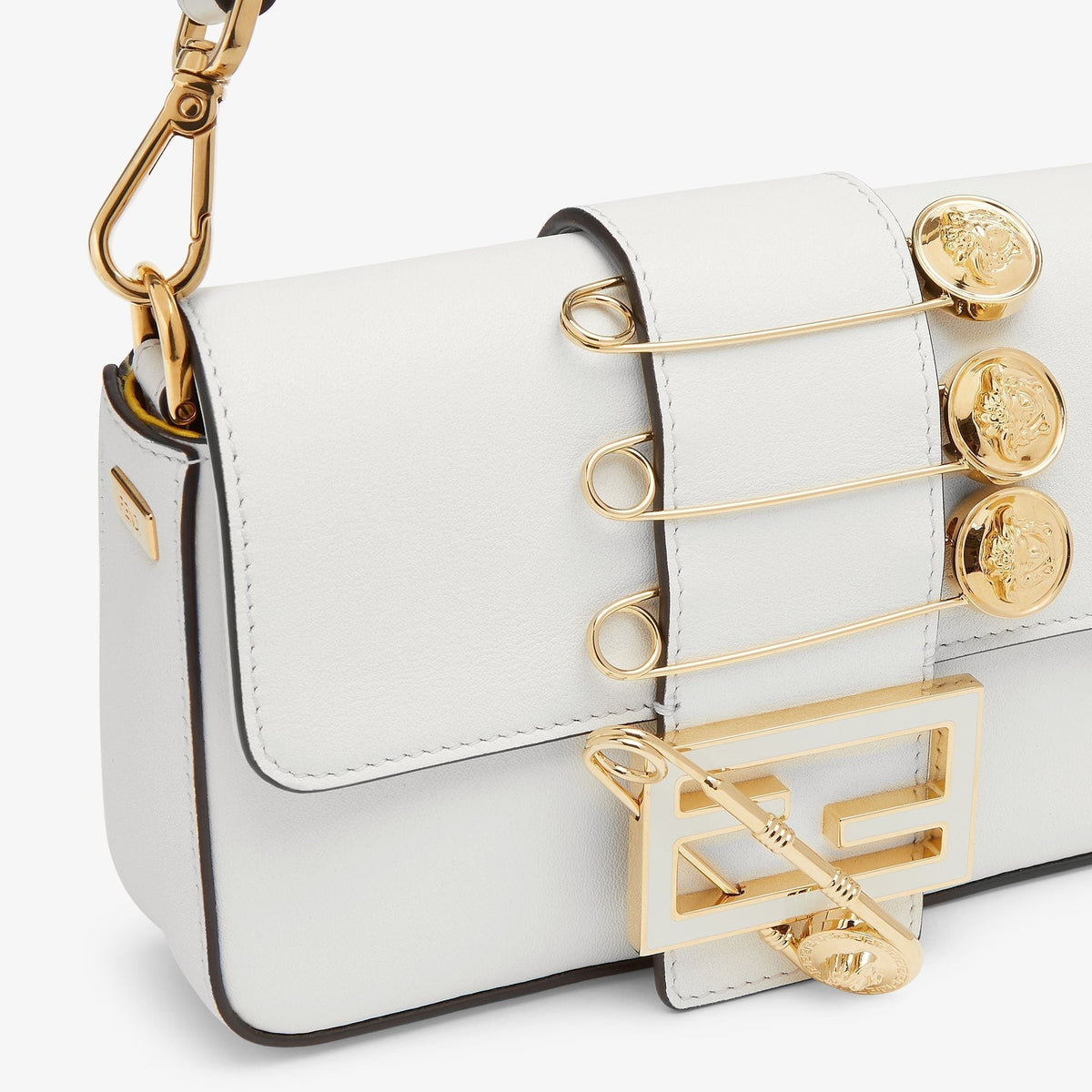 FENDI FENDACE BROOCH MINI 20 BAGUETTE BAG IN WHITE CALFSKIN