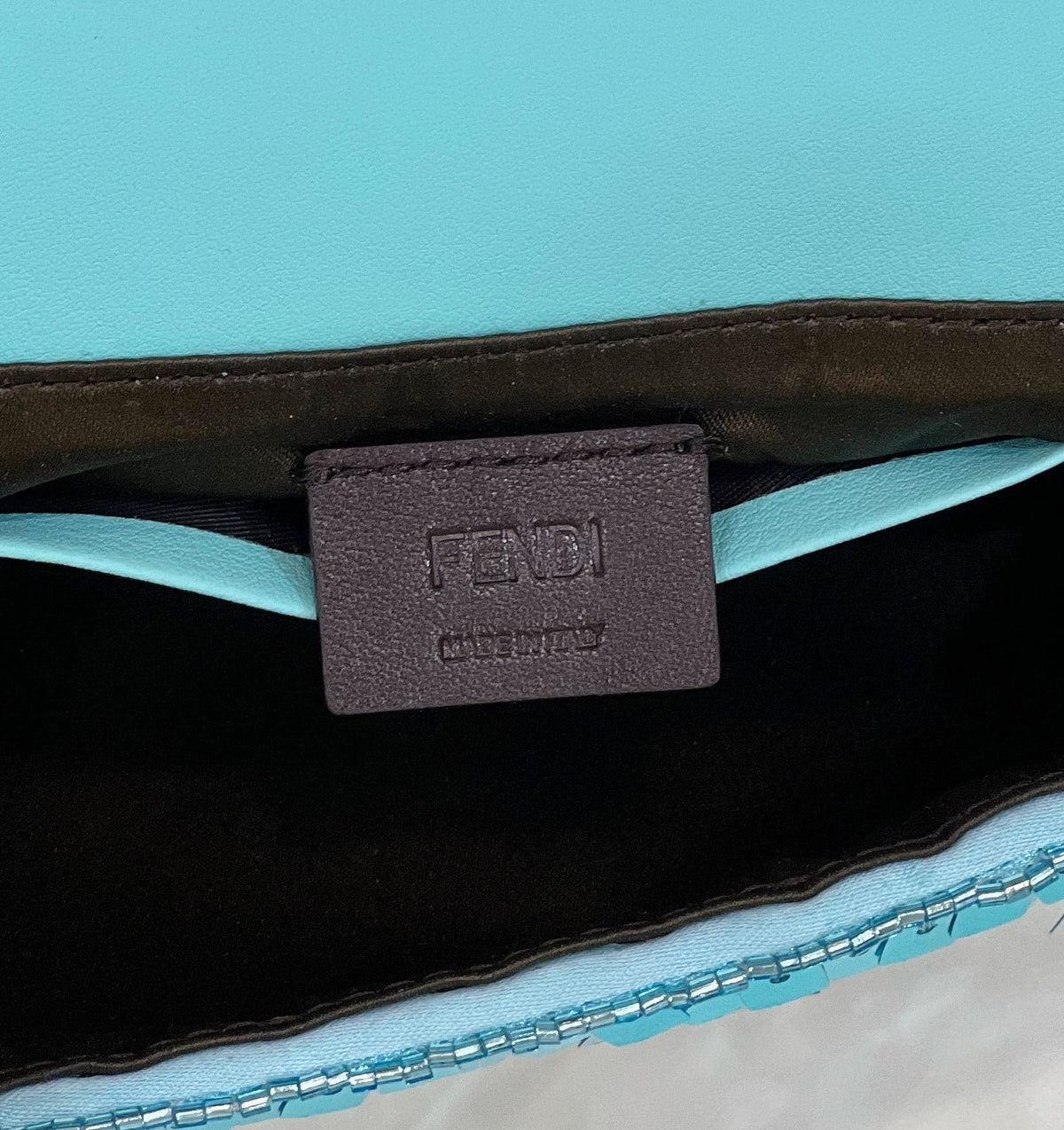 BAGUETTE MINI 19 IN BRIGHT TURQUOISE SEQUINS GOLD HARDWARE