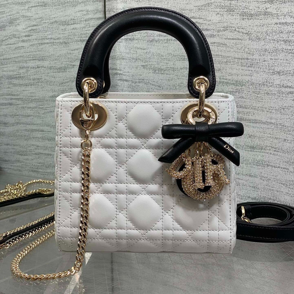 Dior 2026 Mini Lady Dior Bag White Black Lambskin 284137