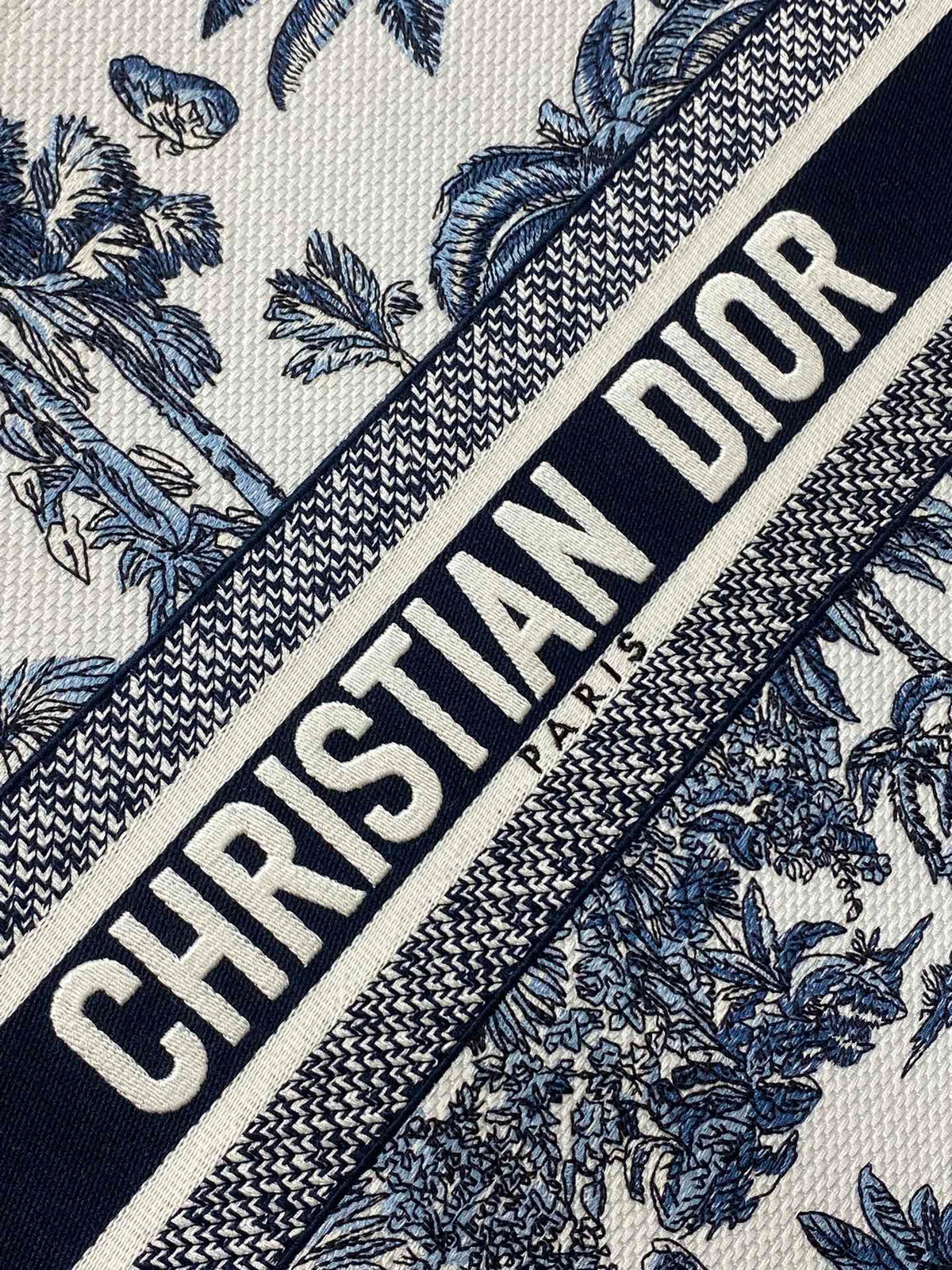 CD Larger Dior Book Tote Tropical Pattern Slate Blue White Black Cotton