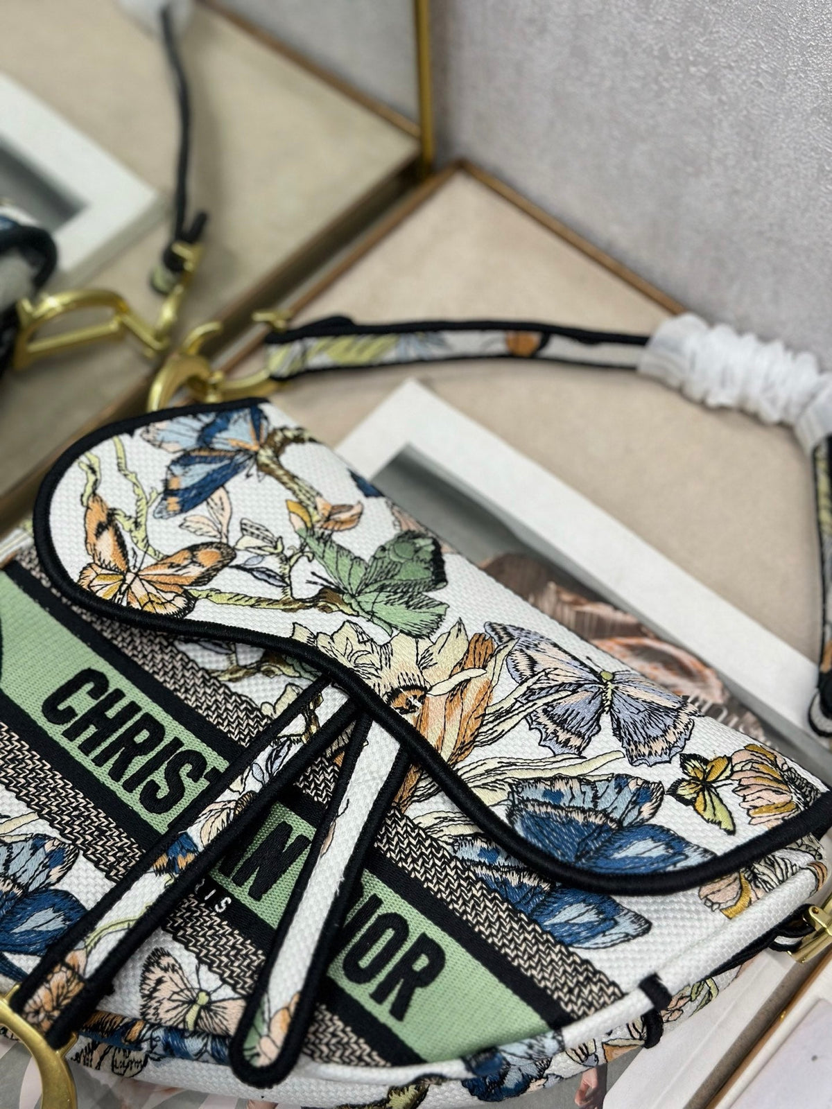 CD Saddle Bag 25.5cm Black Green White Butterfly Embroidery Canvas